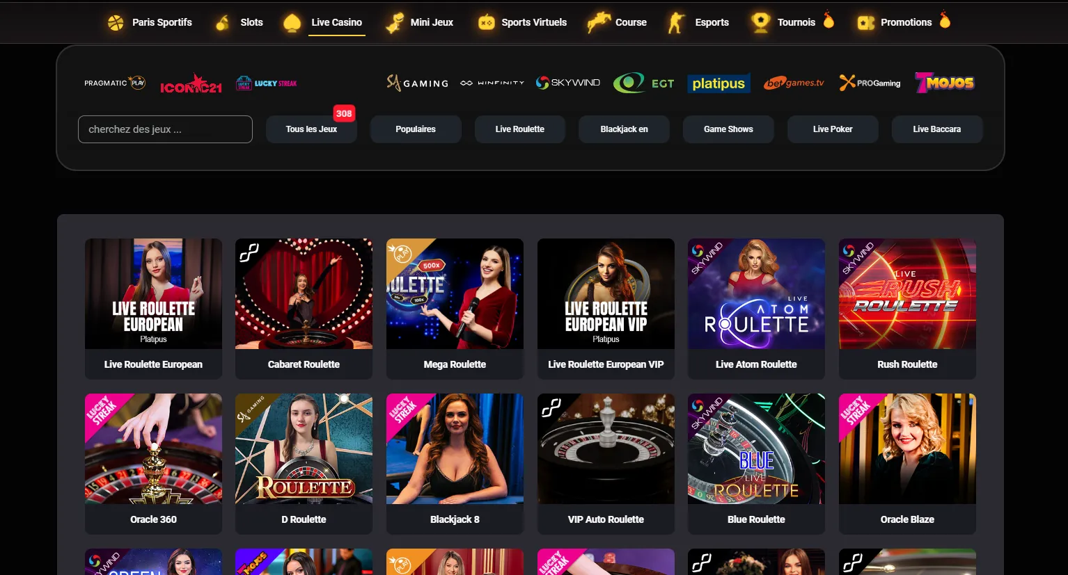 Lobby du casino en direct Donbet avec les tables disponibles
