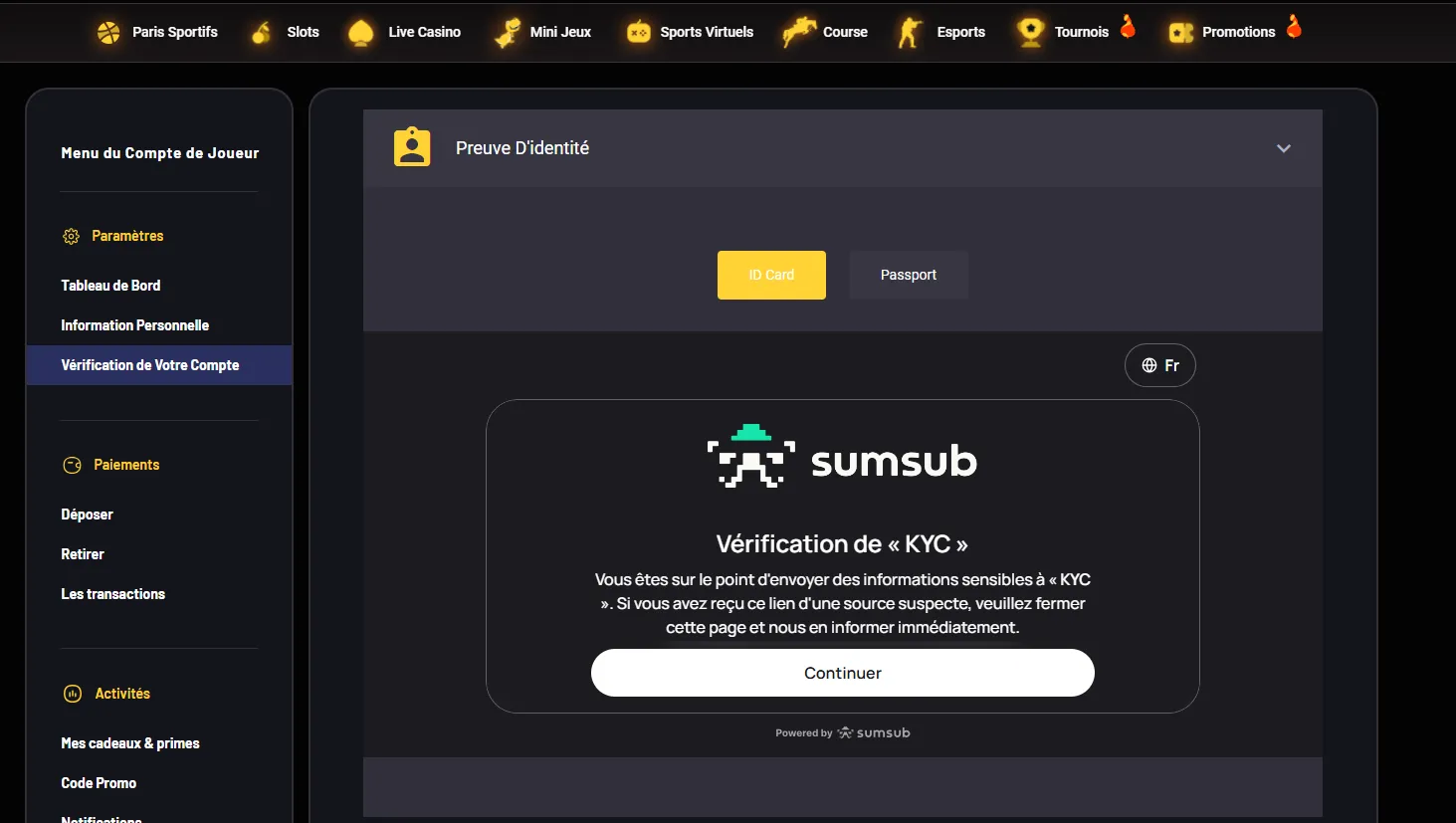 Page de vérification du compte et d'envoi des documents